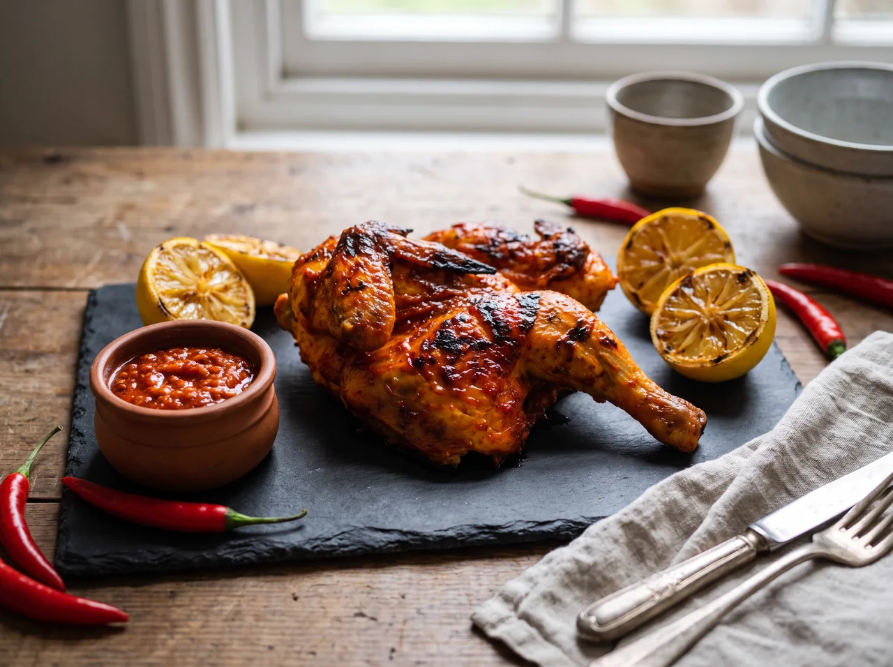 Flame-grilled peri-peri chicken with lemon and chillies