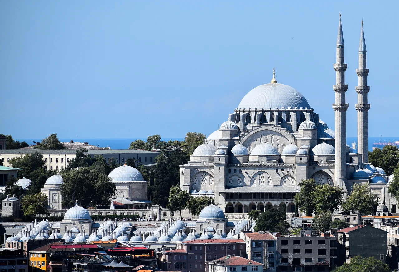 The Süleymaniye Mosque and its domes above the rooftops of Istanbul, seen from the Galata Tower