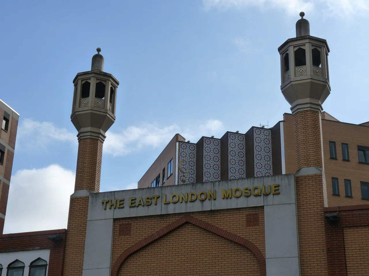 The minarets and entrance of the East London Mosque, Whitechapel