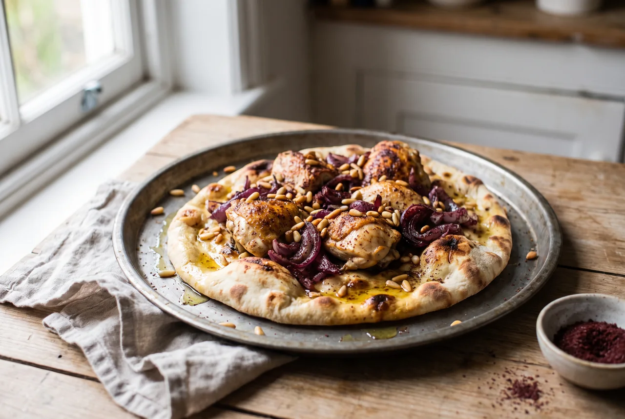 Musakhan: roast chicken with sumac onions and pine nuts on flatbread